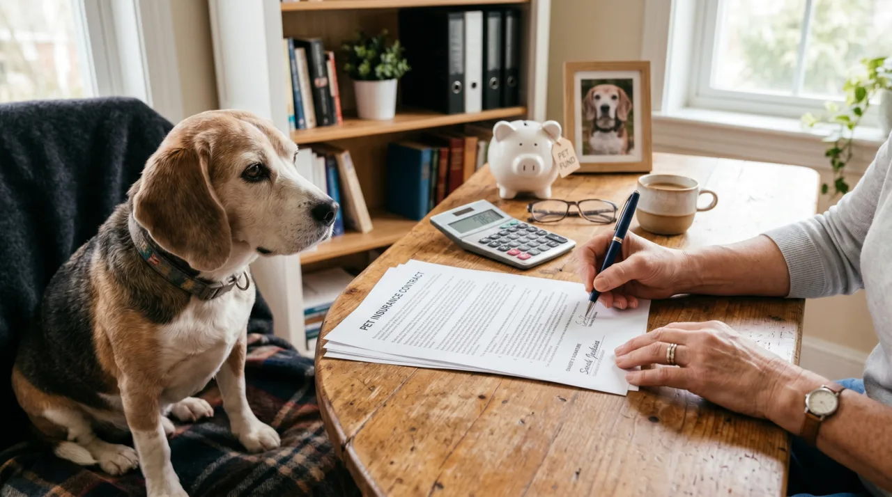 Propriétaire signant un contrat d'assurance santé pour un chien âgé, avec calculatrice et tirelire