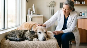 Vétérinaire examinant un chien âgé et un chat senior en clinique