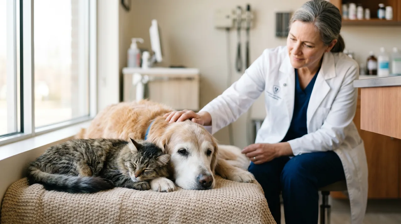 Vétérinaire examinant un chien âgé et un chat senior en clinique